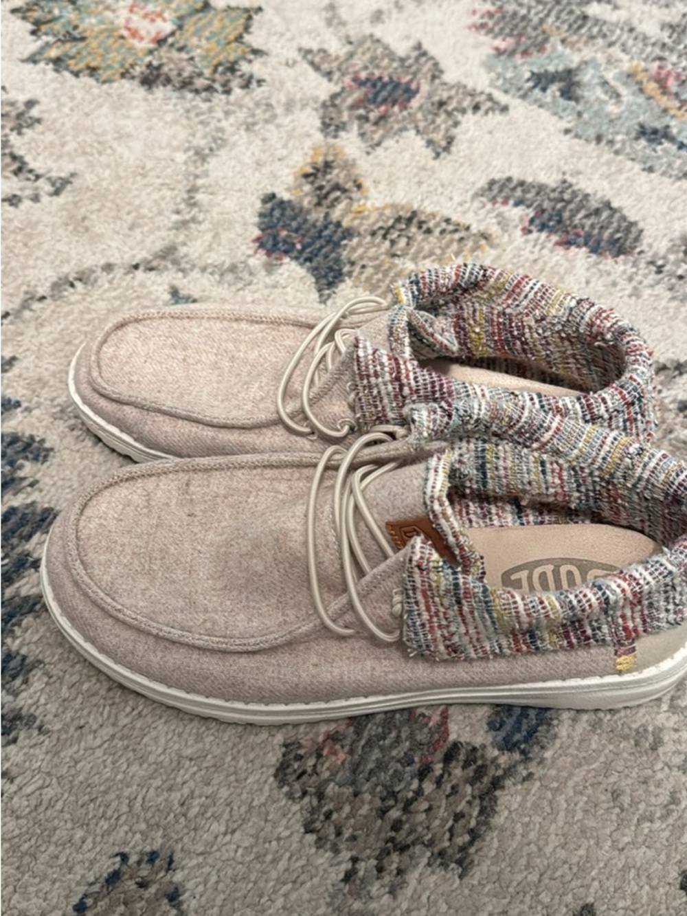 Hey Dude Slip-On Sneakers in Light Beige with Multicolor Knit Collar